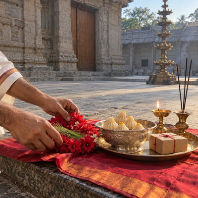 A red flower garland, durva and modaks beside a prasad box and a brass diya