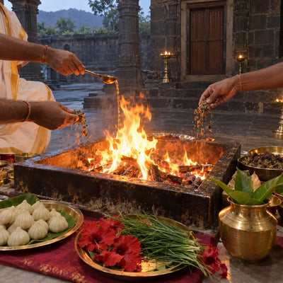 Several priests’ hands offering ghee into a large havan fire for a Ganesh yaag