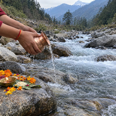 Water poured from a copper lota into a mountain stream with marigold petals and a leaf-cup diya