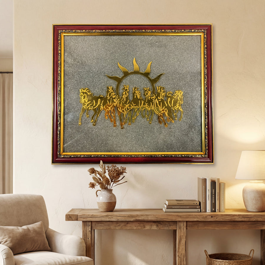 7 Horses Raw Pyrite Frame for Vastu & Prosperity - Large Size (12*12 inch)