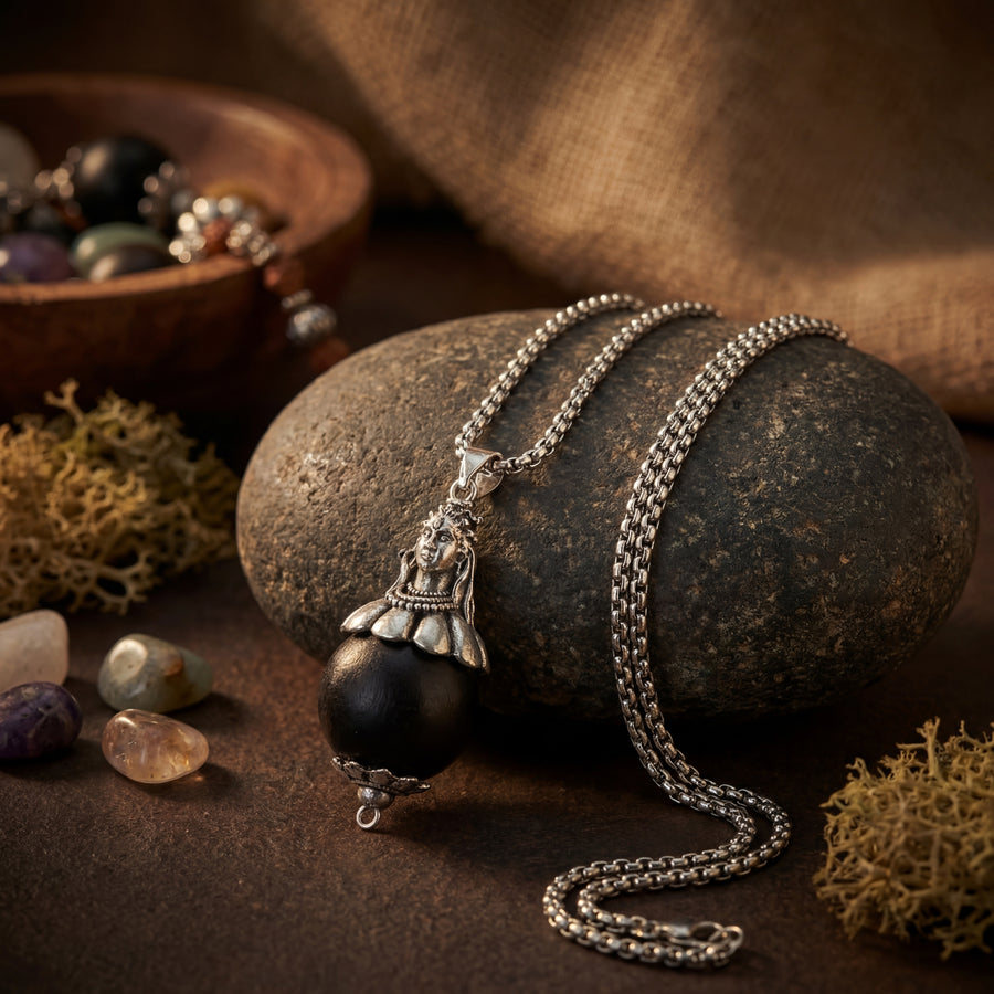 Karungali Bead with Adiyogi Pendant in Silver Chain