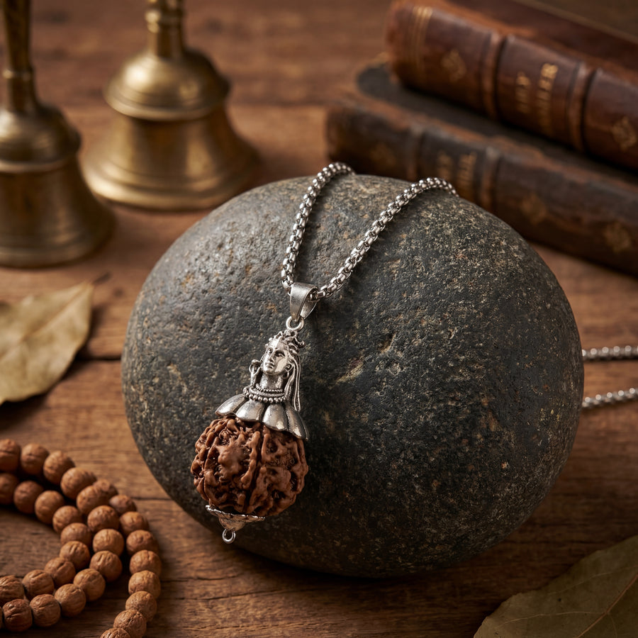 5 Mukhi Rudraksha with Adiyogi Pendant in silver Chain