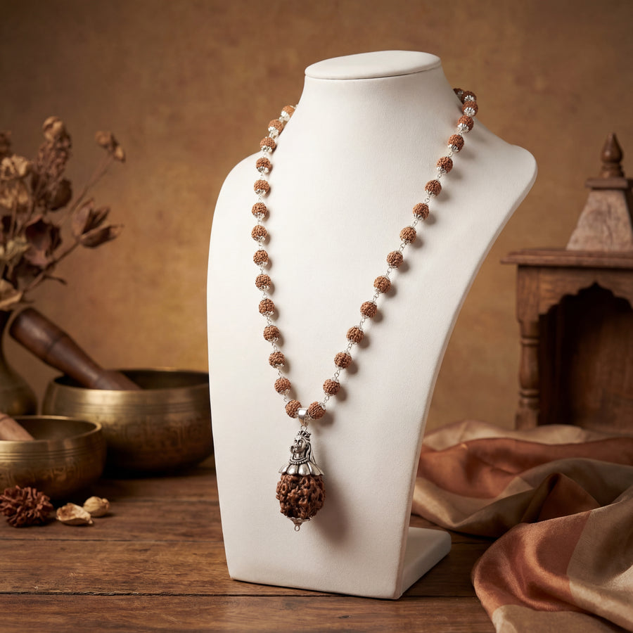 Rudraksha Mala with 5 Mukhi Rudraksha and Adiyogi Pendant