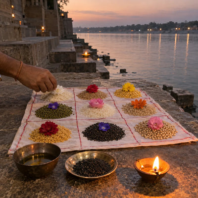 Nine heaps of grain on a nine-square cloth with sesame oil and an oil diya for Navgraha shanti