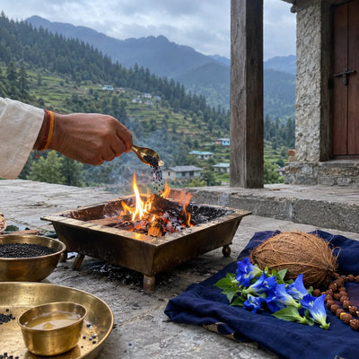 Black sesame offered into a small havan fire beside blue flowers and a rudraksha mala