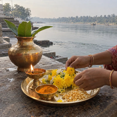 Hands offering yellow flowers, turmeric and chana dal on a brass plate beside a ghee lamp