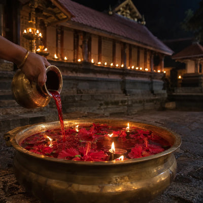 Guruthi Puja: red guruthi in a bronze uruli with lamps and hibiscus at night