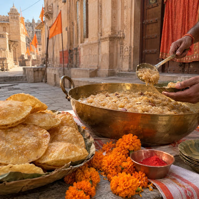 A brass kadhai of halwa with fresh pooris and marigolds for a Sawamani bhog