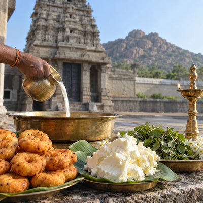 Hanuman Abhishekam: a vadai garland, fresh butter and milk for Hanuman abhishekam