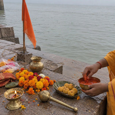 Sindoor, marigold garland and boondi laddoos offered for Hanuman ji seva