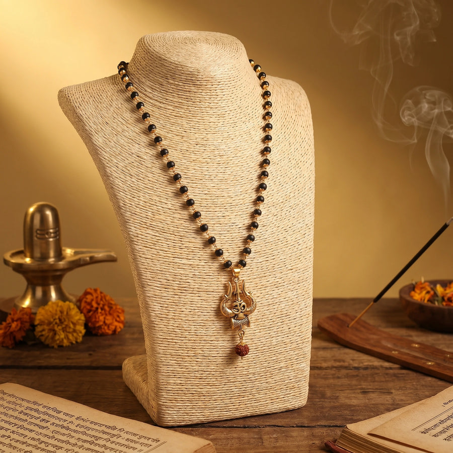 Karungali Malai in Gold-Cap with Shiv Trishul & Rudraksha Pendant