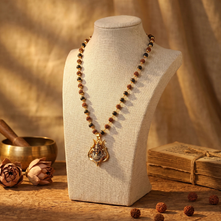 Rudraksha Karungali Malai in Gold-Cap with Shiv Pendant