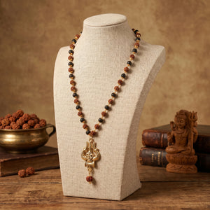 Rudraksha Karungali Malai in Gold-Cap with Shiv Trishul & Rudraksha Pendant