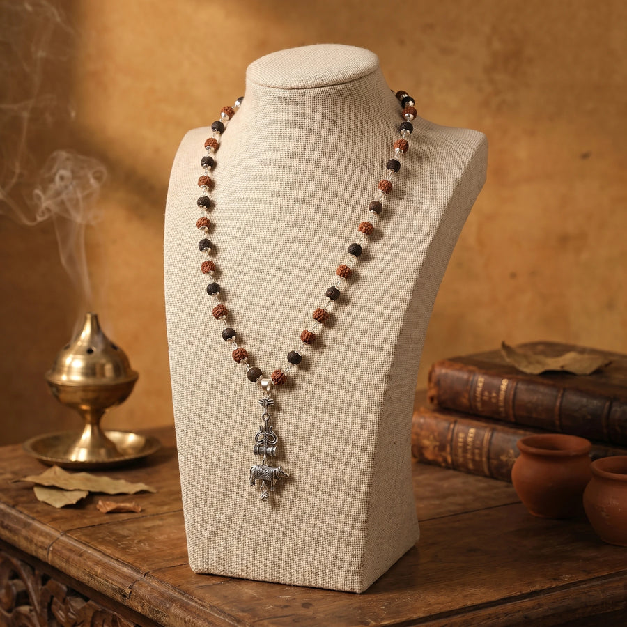 Rudraksha Karungali Malai in Silver-Cap with Shiv Trishul & Nandi Pendant