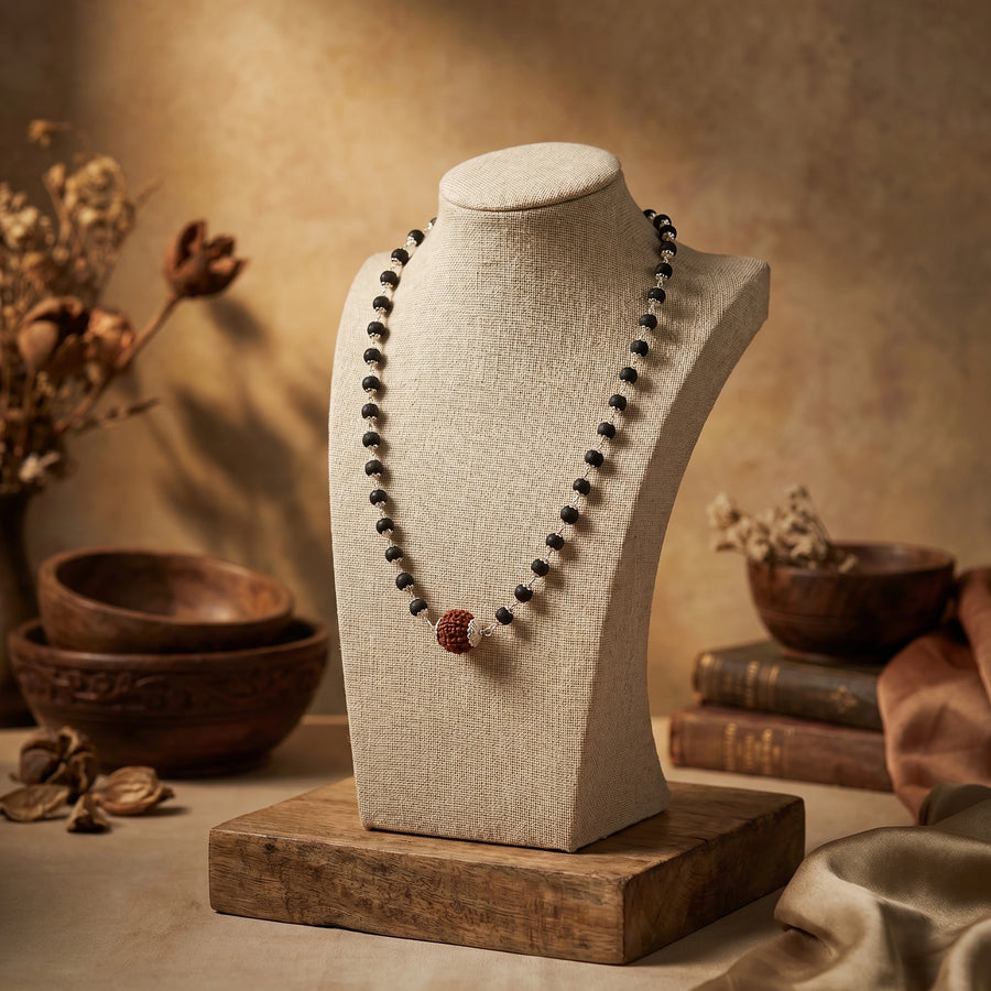 Karungali Mala in Silver-Cap with 5 Mukhi Rudraksha