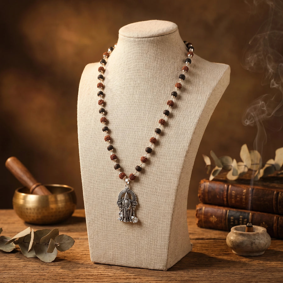 Rudraksha Karungali Malai in Silver-Cap with Lord Murugan Pendant