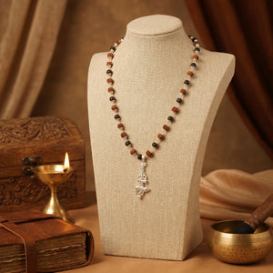 Rudraksha Karungali Malai (Silver-Cap) with Shiv Trishul & Nandi Pendant in Silver Finish