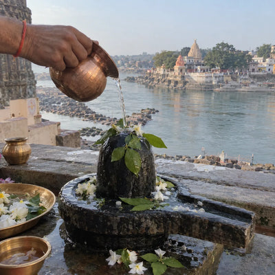 Jal abhishek on a Shivling, the Narmada river and ghats behind