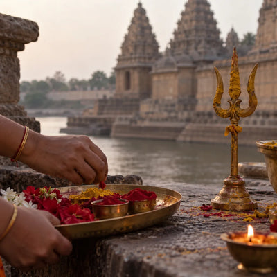 Jogulamba Kumkumarchana: kumkum, turmeric and a brass trishul for a Devi archana