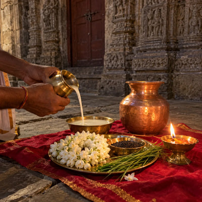 Milk poured beside a coiled jasmine garland, sesame and a ghee diya for a shanti puja