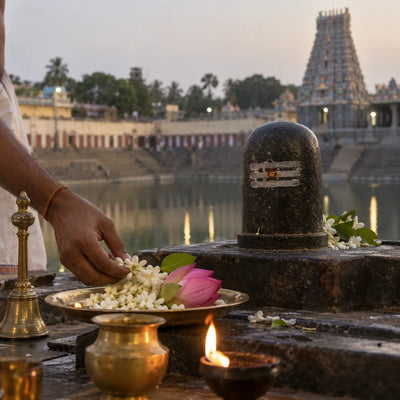 Kapaleeswarar Archana: jasmine and lotus offered beside a Shivling, a temple tank behind
