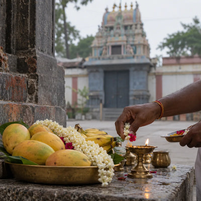 Karaikal Ammaiyar Archana: ripe mangoes, jasmine and a lamp for an archana at Karaikal