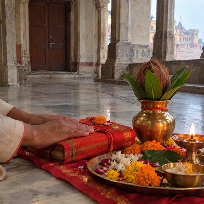 Hands on a cloth-wrapped pothi beside a brass kalash with mango leaves, flowers and a lamp
