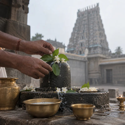 Ksheera Ramalingeswara Abhishekam: bilva leaves and white flowers on a Shivling with bowls of milk