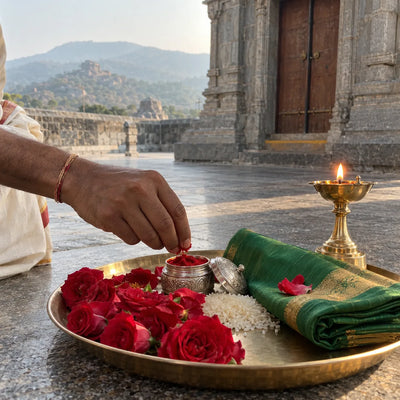 Kumkum offered on a brass plate with red roses, akshat and a samai lamp for kumkum archana