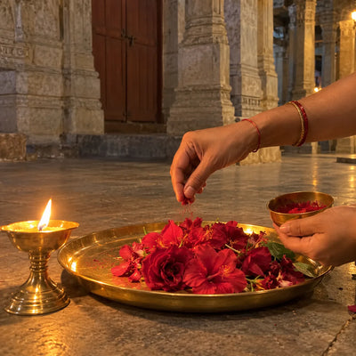 Hands offering kumkum onto red flowers on a brass plate beside a bowl of kumkum and a ghee lamp