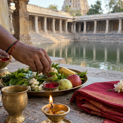 Kumkumarchana: kumkum on fresh vegetables and greens for a Shakambari archana