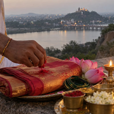 Kumkumarchana: kumkum on a red silk saree with lotus flowers and bangles