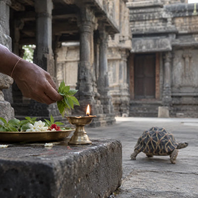 Kurmanatha Archana: tulasi and a lamp with a star tortoise in the courtyard