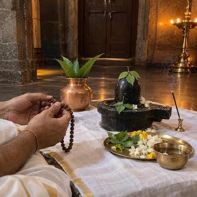 Hands counting a rudraksha mala beside a Shivling, a kalash and incense for mantra jaap