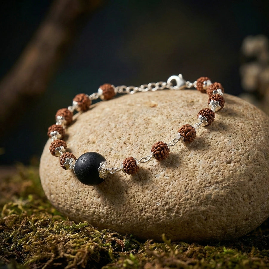 Rudraksha Silver Cap Karungali Bead Bracelet