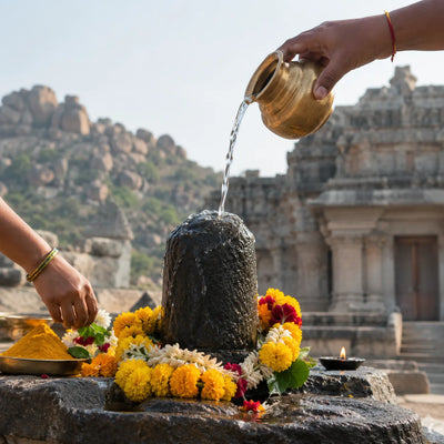 Mallanna Abhishekam: water abhishekam on a marigold-garlanded Shivling with turmeric