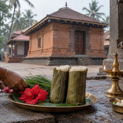 Moode Offering: moode in screwpine leaves offered to Ganesha
