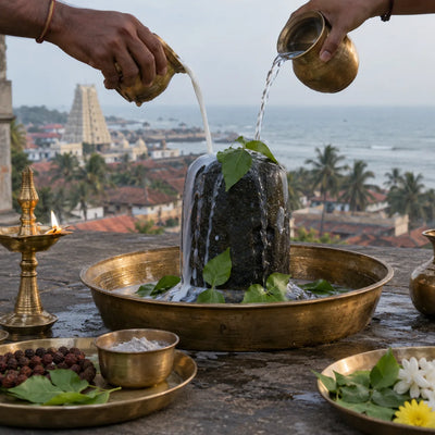 Mrutyunjaya Rudrabhisheka: rudrabhisheka with milk and bilva leaves in a coastal temple town