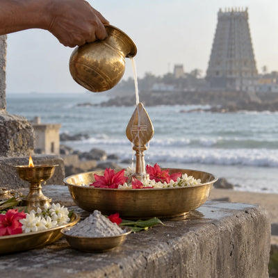 Murugan Abhishekam: milk abhishekam on a brass vel by the sea