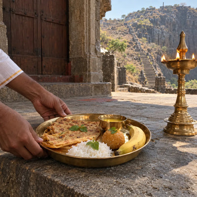 Brass thali of naivedya with puran poli, rice and tulsi leaves beside a samai lamp