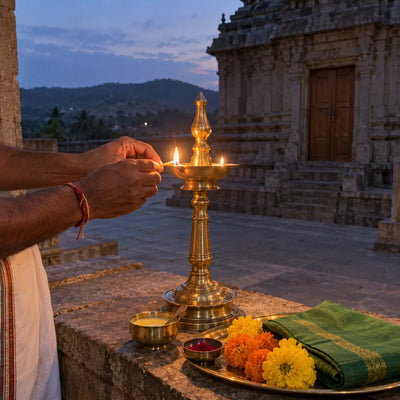 A tall brass lamp being lit beside ghee, kumkum and marigolds for Nanda Deep puja