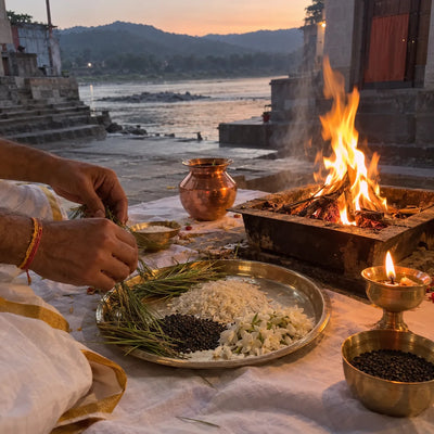Kusha grass, sesame and white flowers arranged around a small havan fire