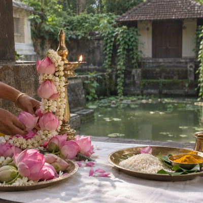 Navaratri Saraswati Puja: lotus flowers and a brass lamp for a Navaratri Saraswati puja