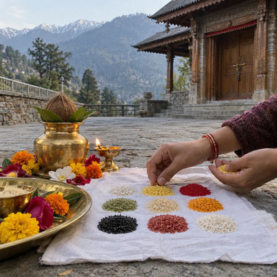 Hands placing nine heaps of coloured grains on a white cloth beside flowers and a ghee lamp