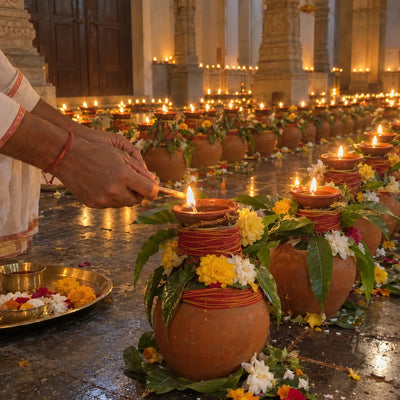 A hand lighting an oil lamp on an earthen kalash among rows of glowing lamps