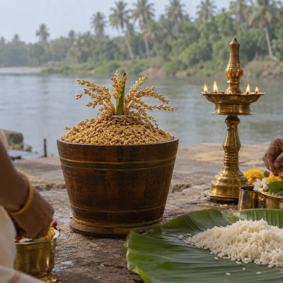 Nirapara Offering: a para filled with paddy beside a brass lamp for nirapara