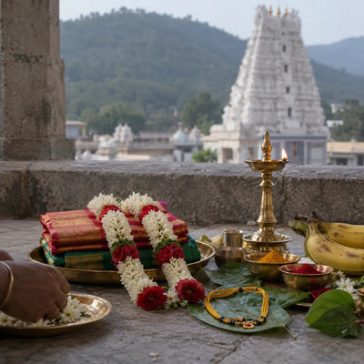 Nitya Kalyanam: silk cloths, garlands and a mangalsutra for a kalyanam seva
