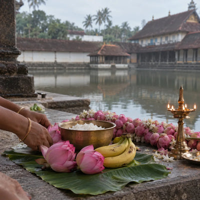 Nivedyam Offering: rice, bananas and lotus flowers for a nivedyam offering