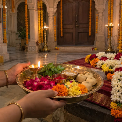 A brass puja thali with a ghee diya, tulsi leaves, flower petals and sweets for a family occasion