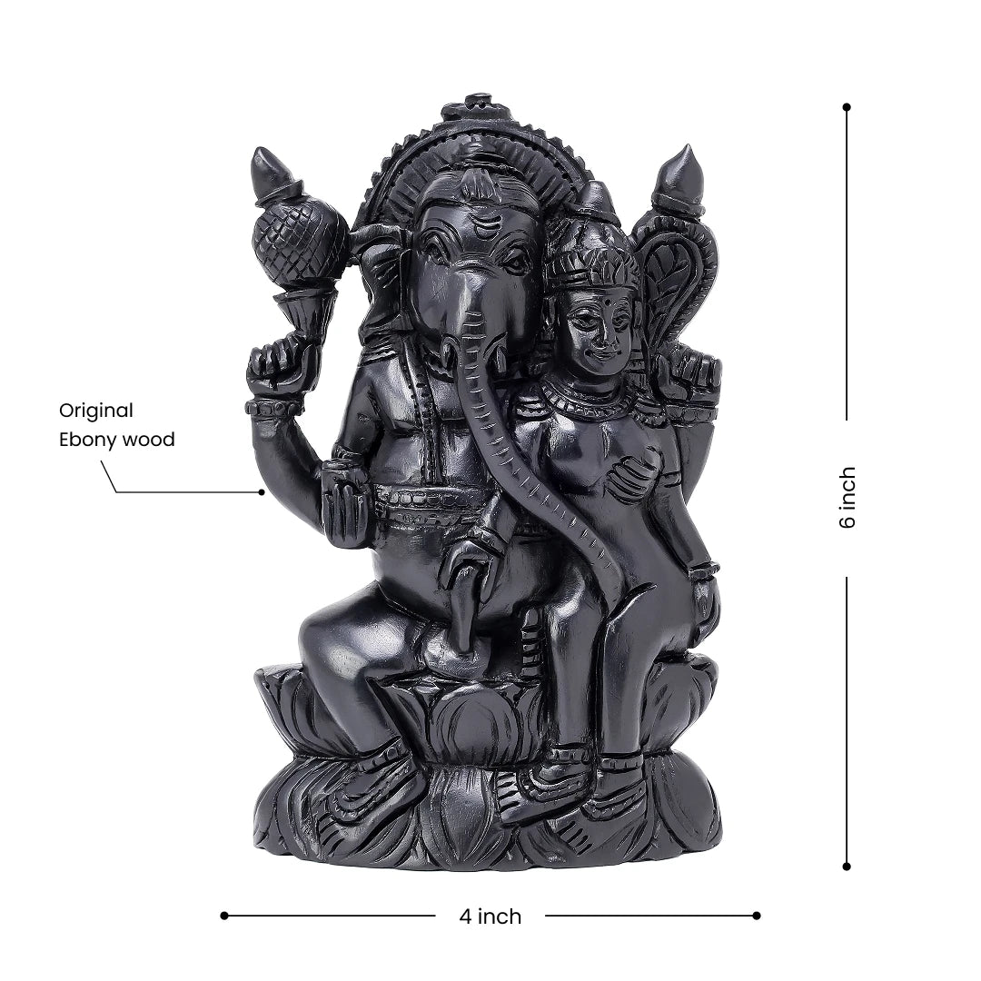 Lord Ganesha and Siddhi seated idol, 6 inches tall, hand-crafted from original Ebony wood.